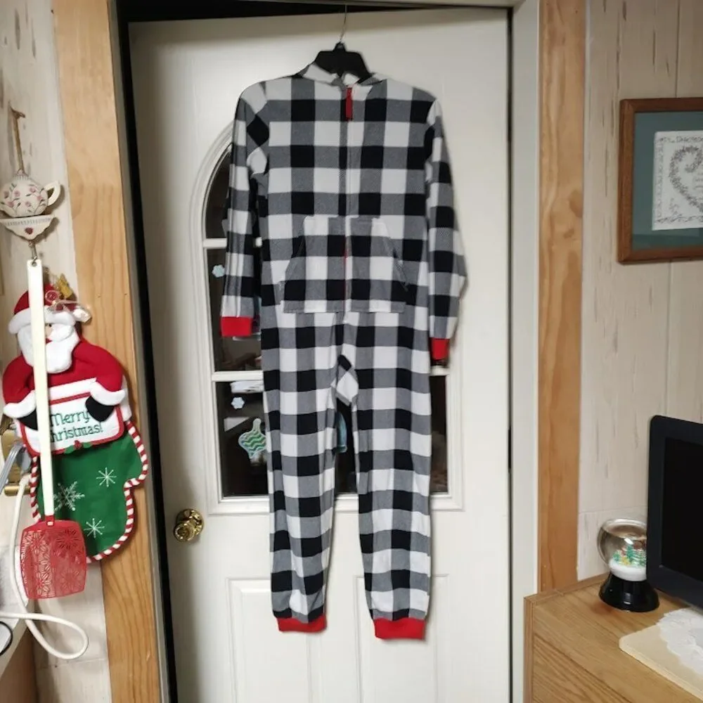 New Cat & Jack Black White Checked Hooded Sleeper Unisex Kids 10/12